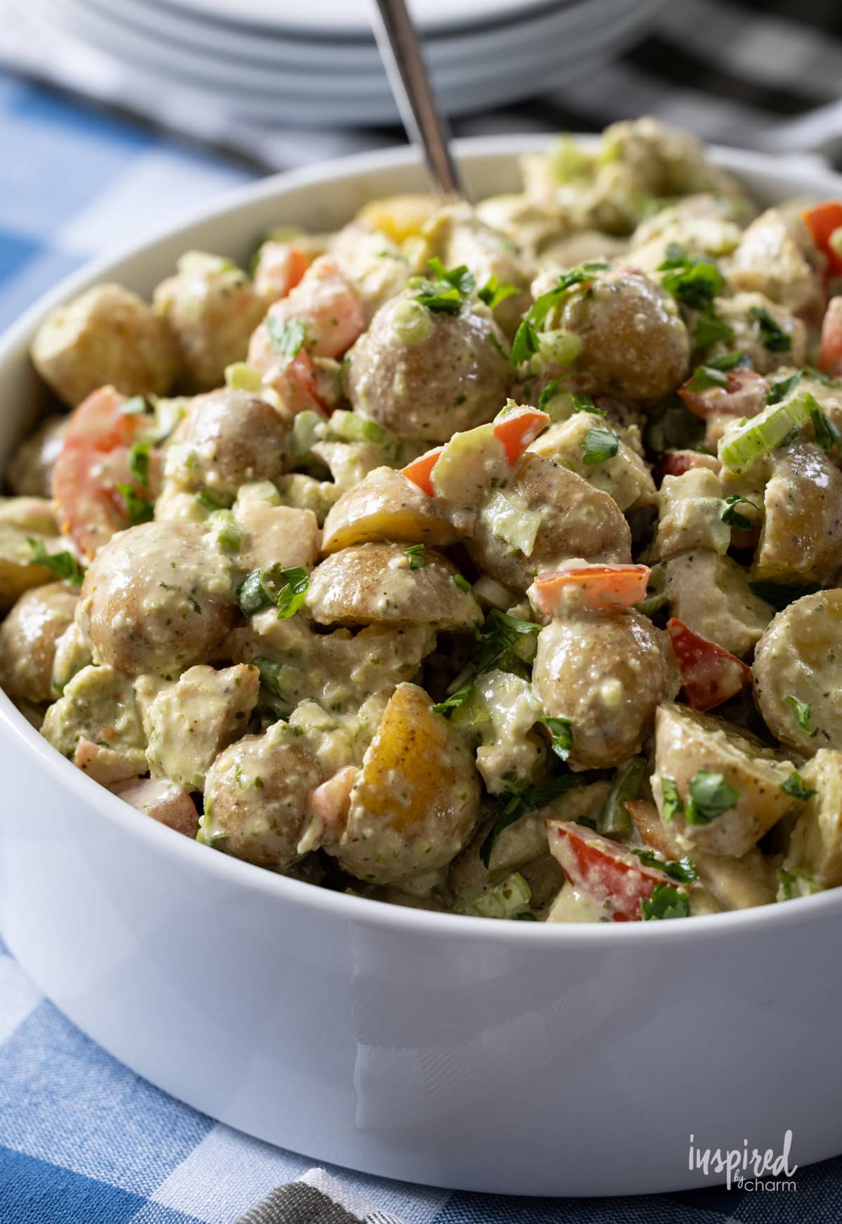 large bowl filled with Pesto Chicken Potato Salad.