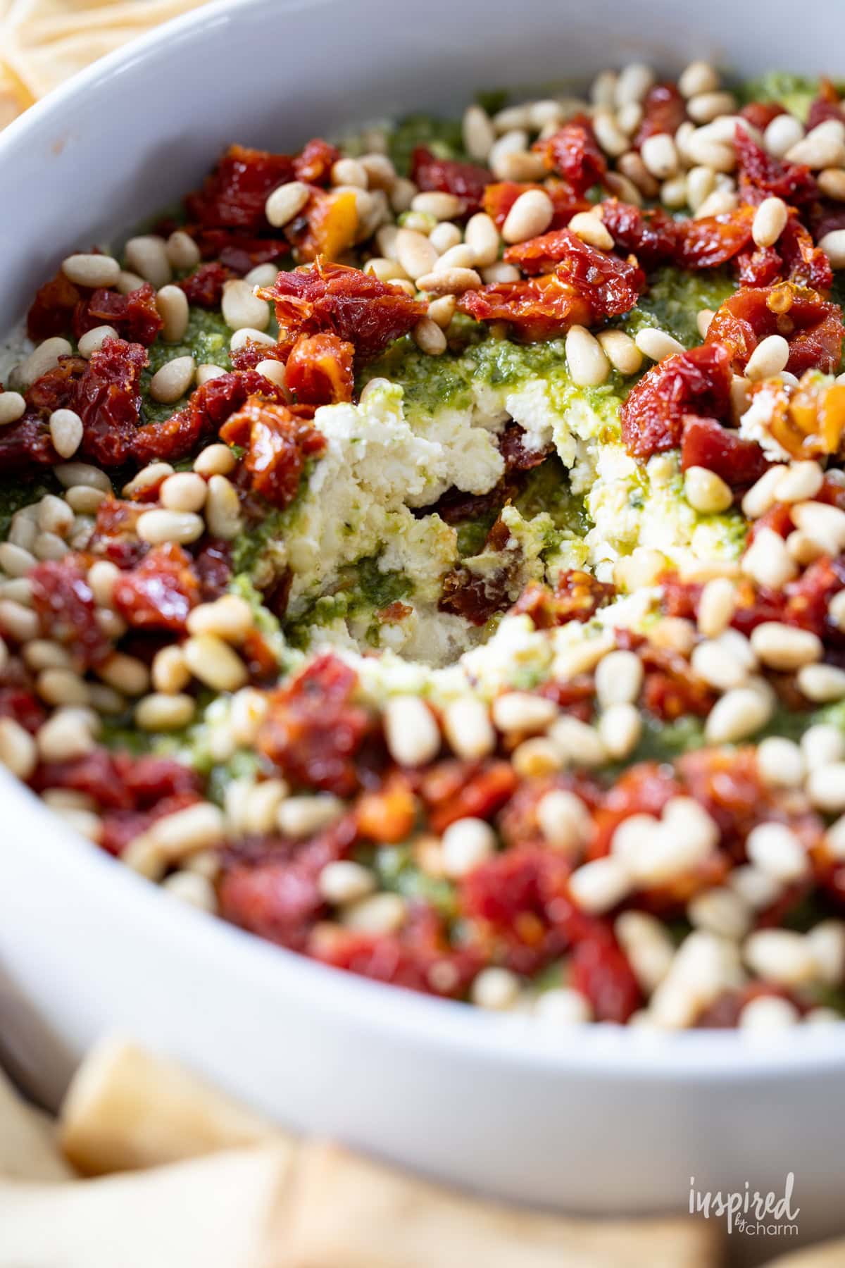 Pesto and Feta Layer Dip with some removed.