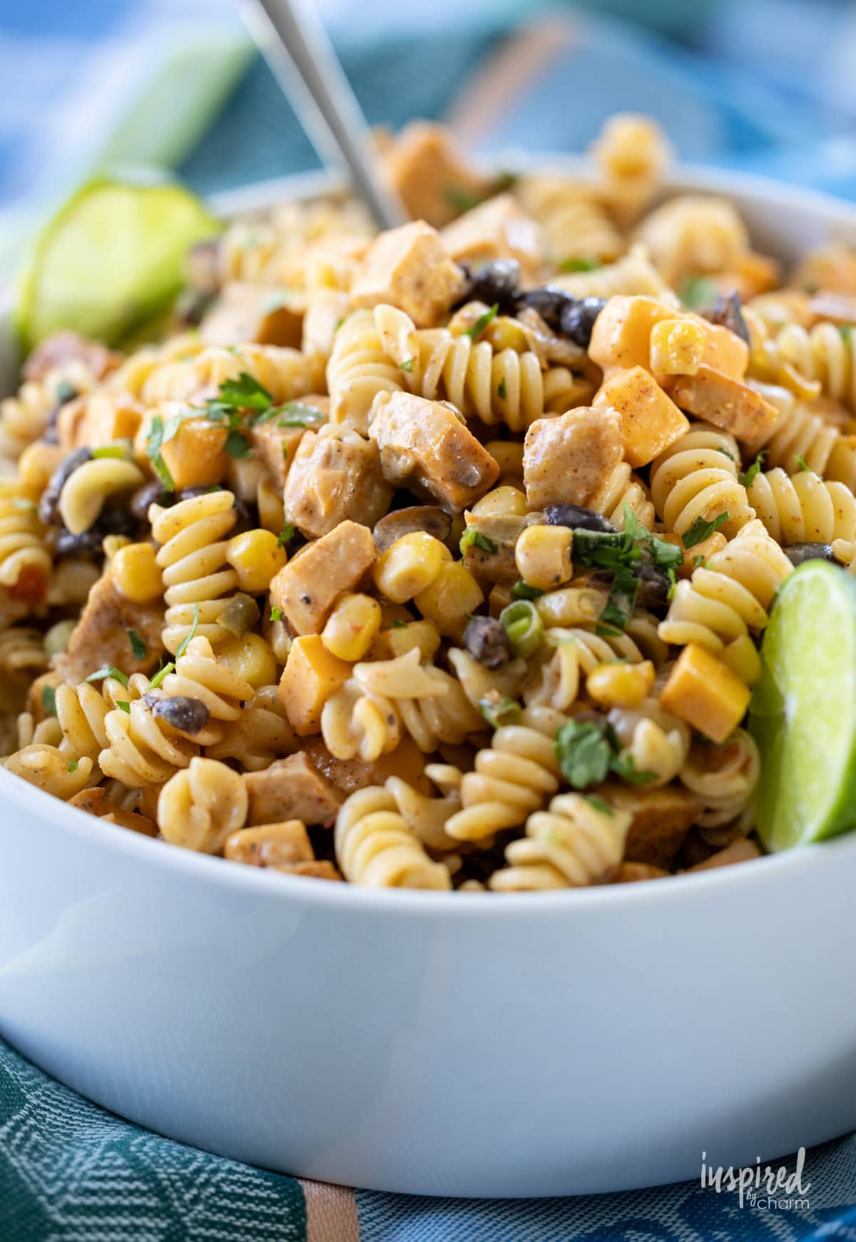 Southwest Chicken Pasta Salad with Creamy Lime Dressing in a bowl.