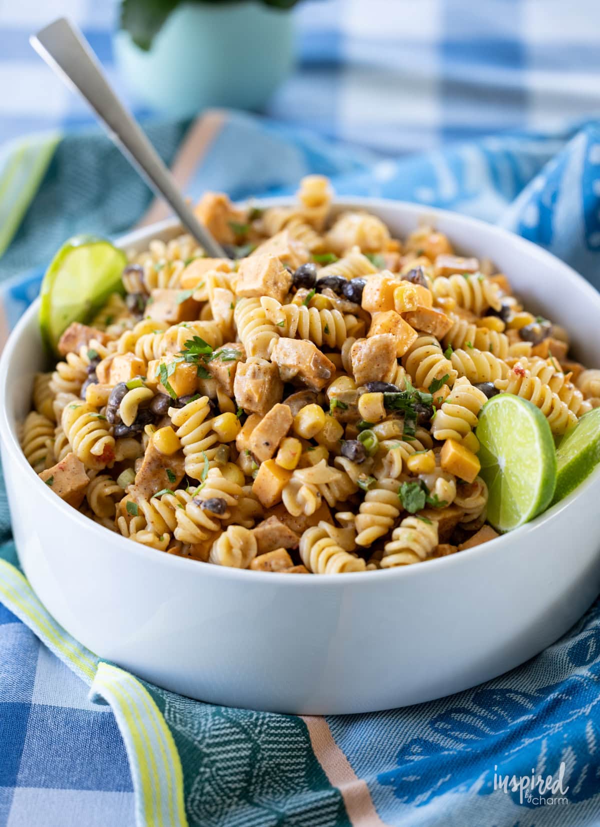 large bowl filled with Southwest Chicken Pasta Salad.