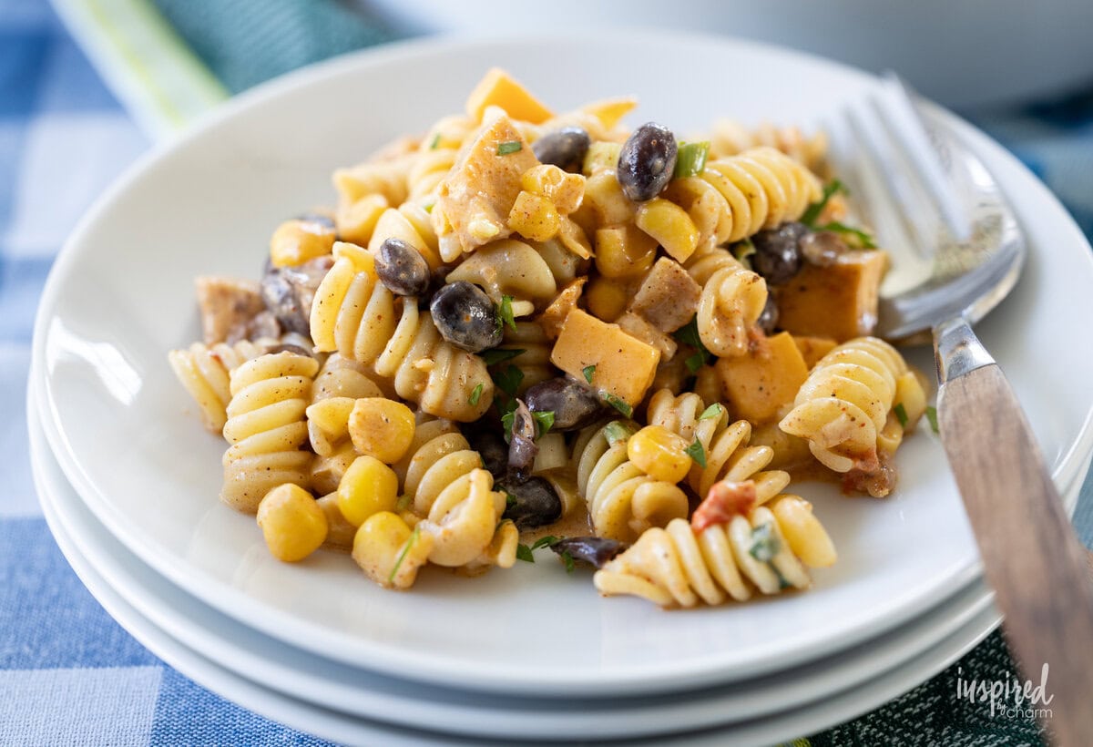 Southwest Chicken Pasta Salad served on a small plate. 