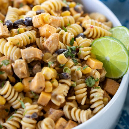 Southwest Chicken Pasta Salad with Creamy Lime Dressing in a bowl.