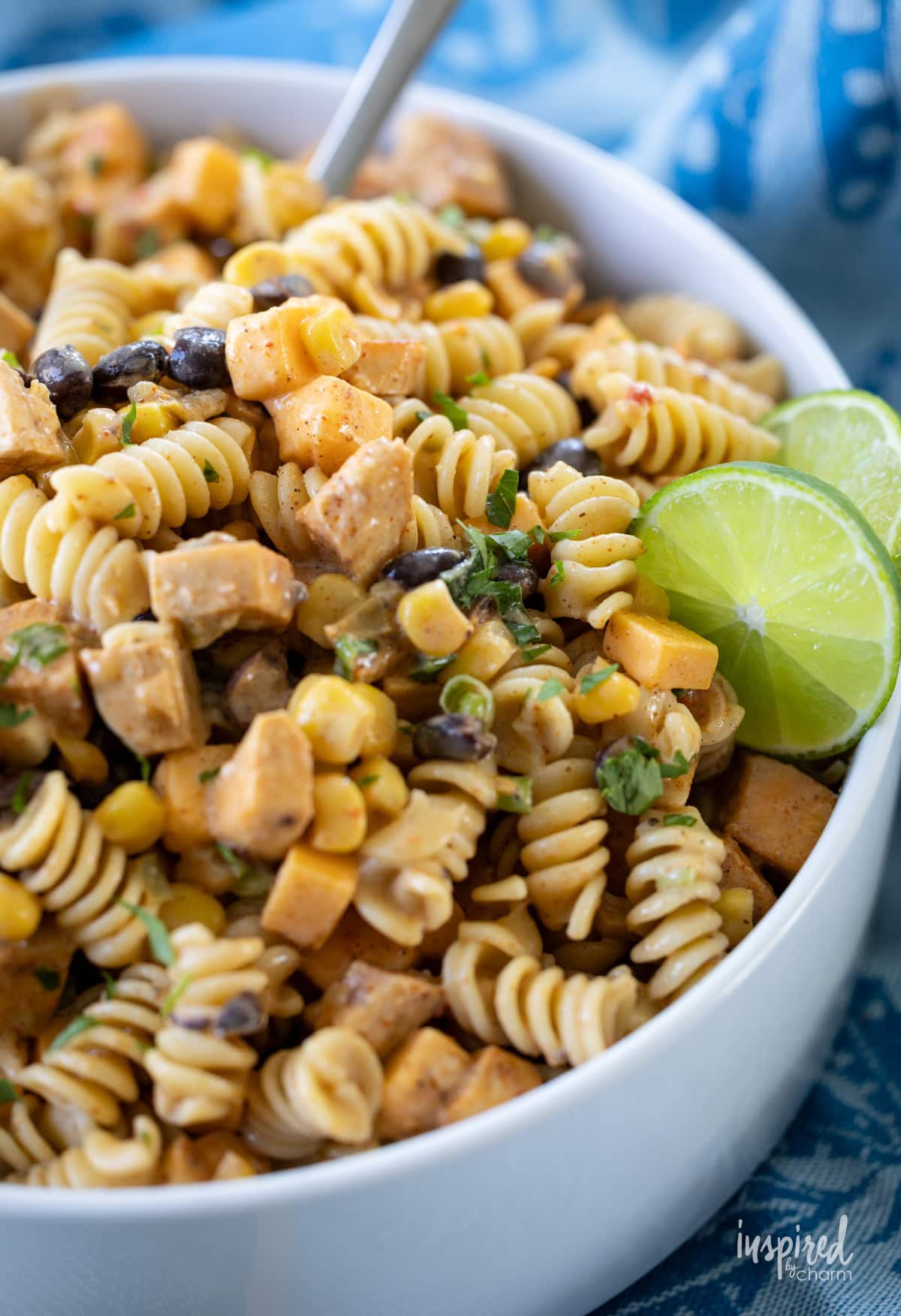 Southwest Chicken Pasta Salad with Creamy Lime Dressing in a bowl.