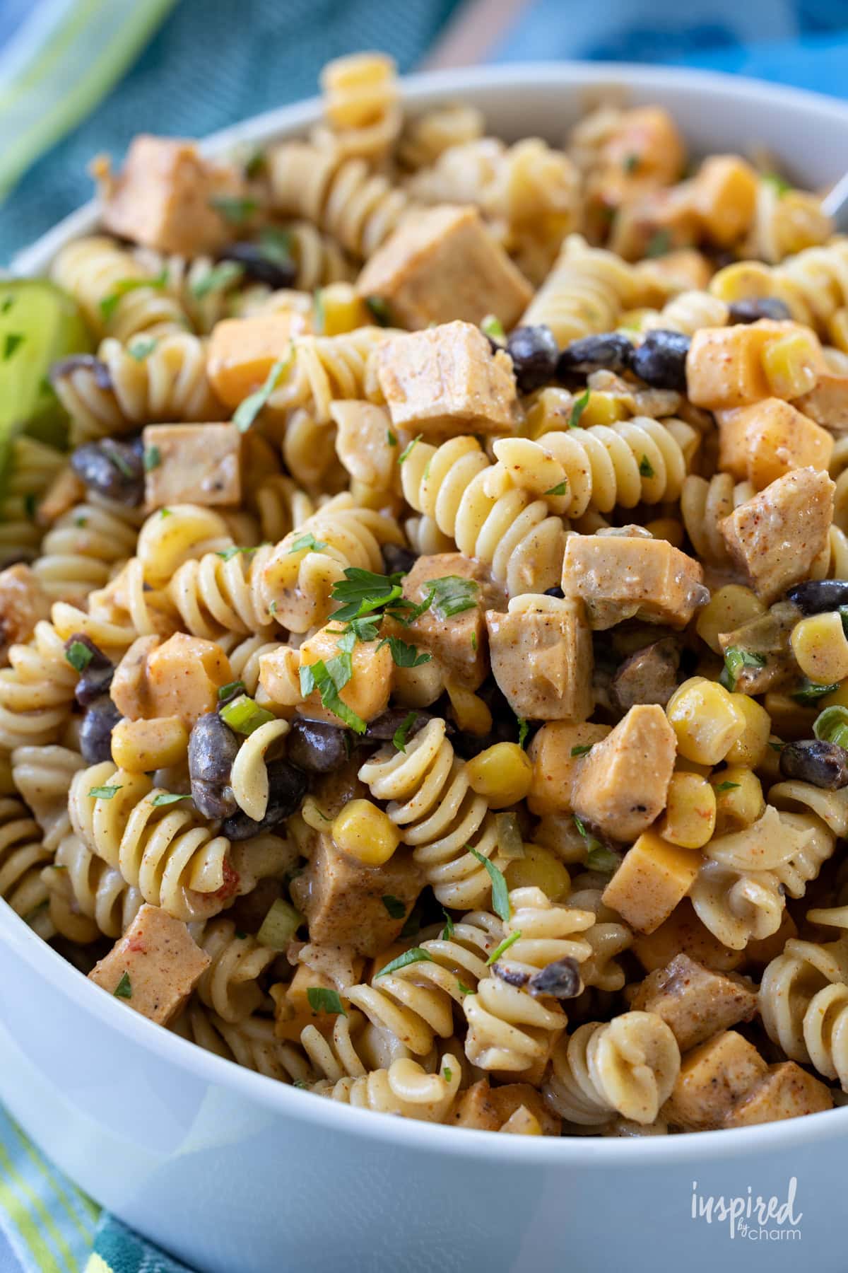 Southwest Chicken Pasta Salad with Creamy Lime Dressing in a bowl.