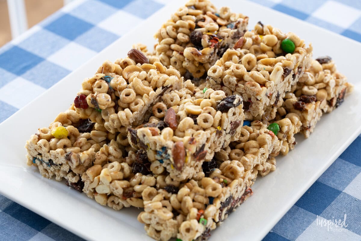 array of Trail Mix Bars on a white platter.