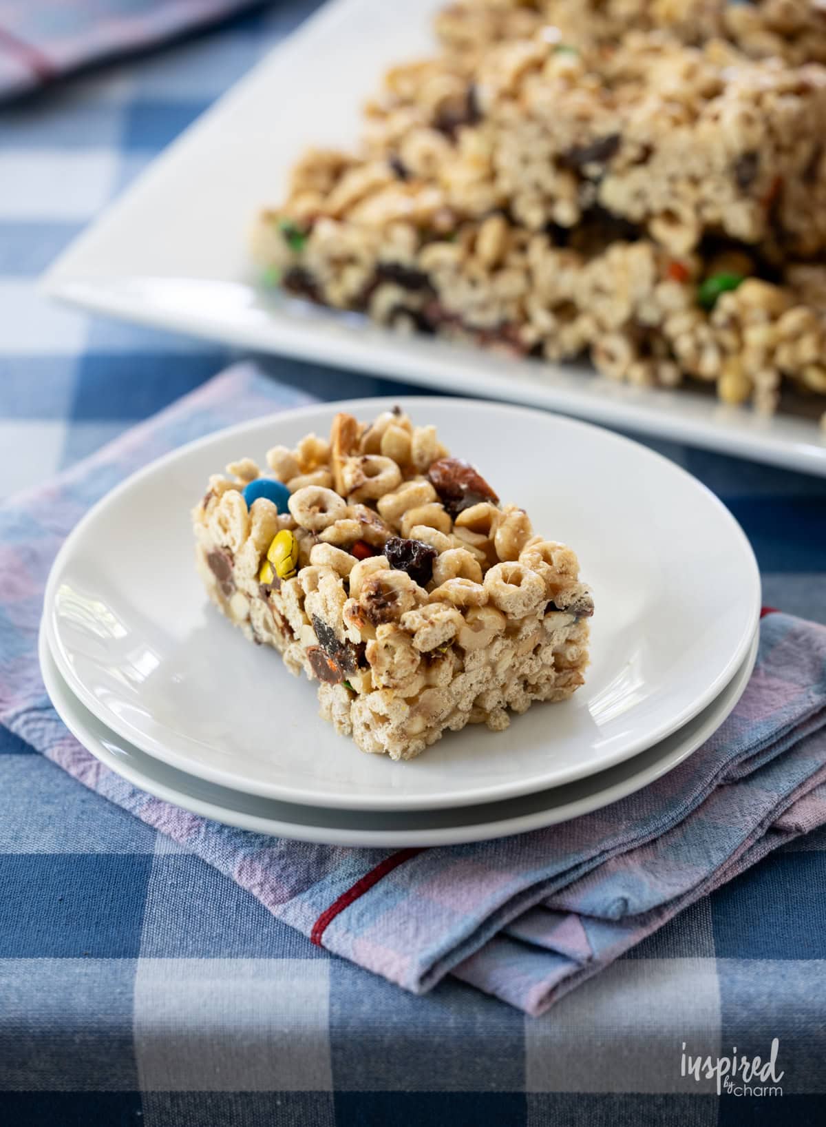 Trail Mix Bars on a platter and served on a plate.