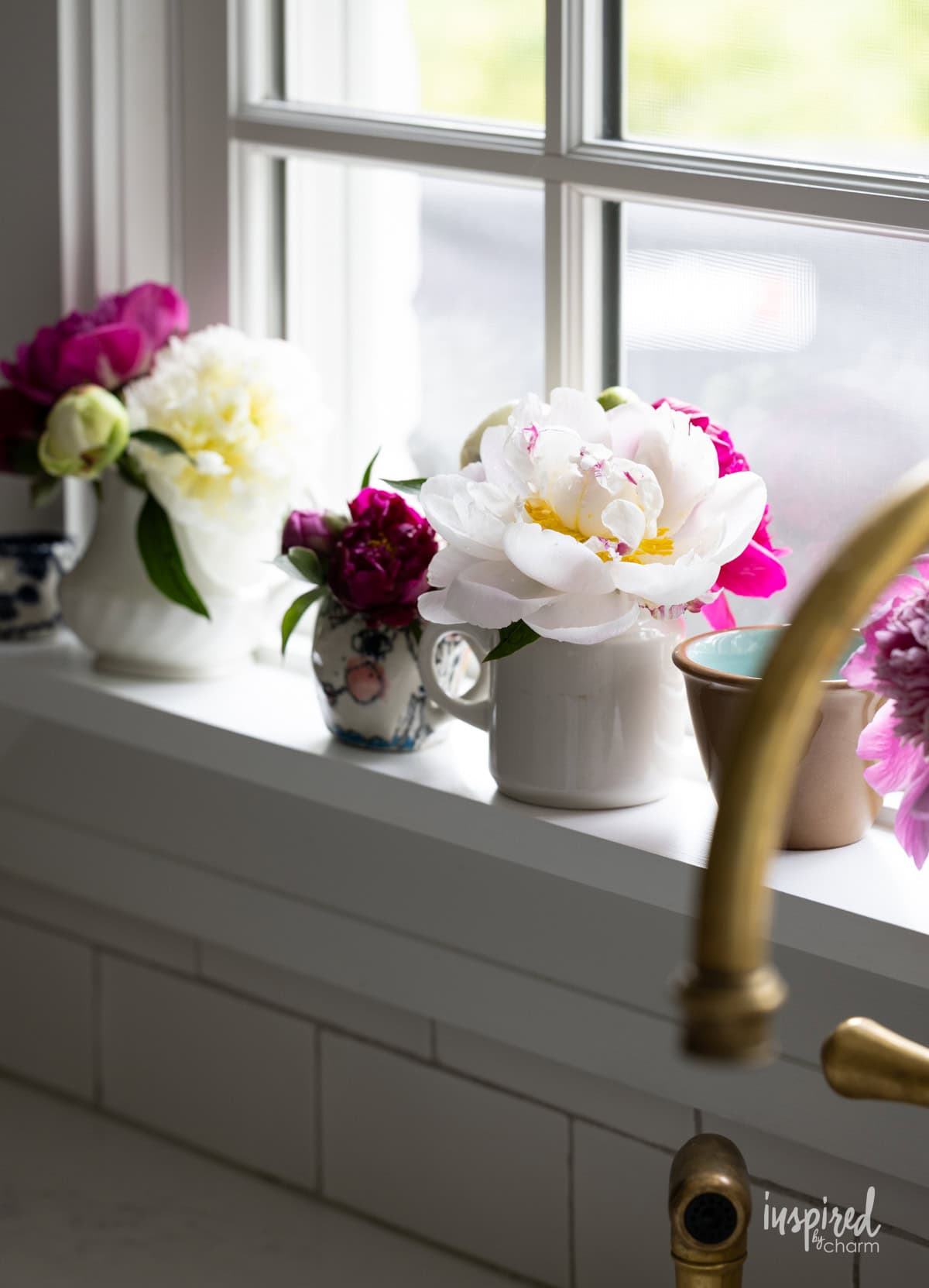 peonies in pitchers and creamers on a window ledge. 