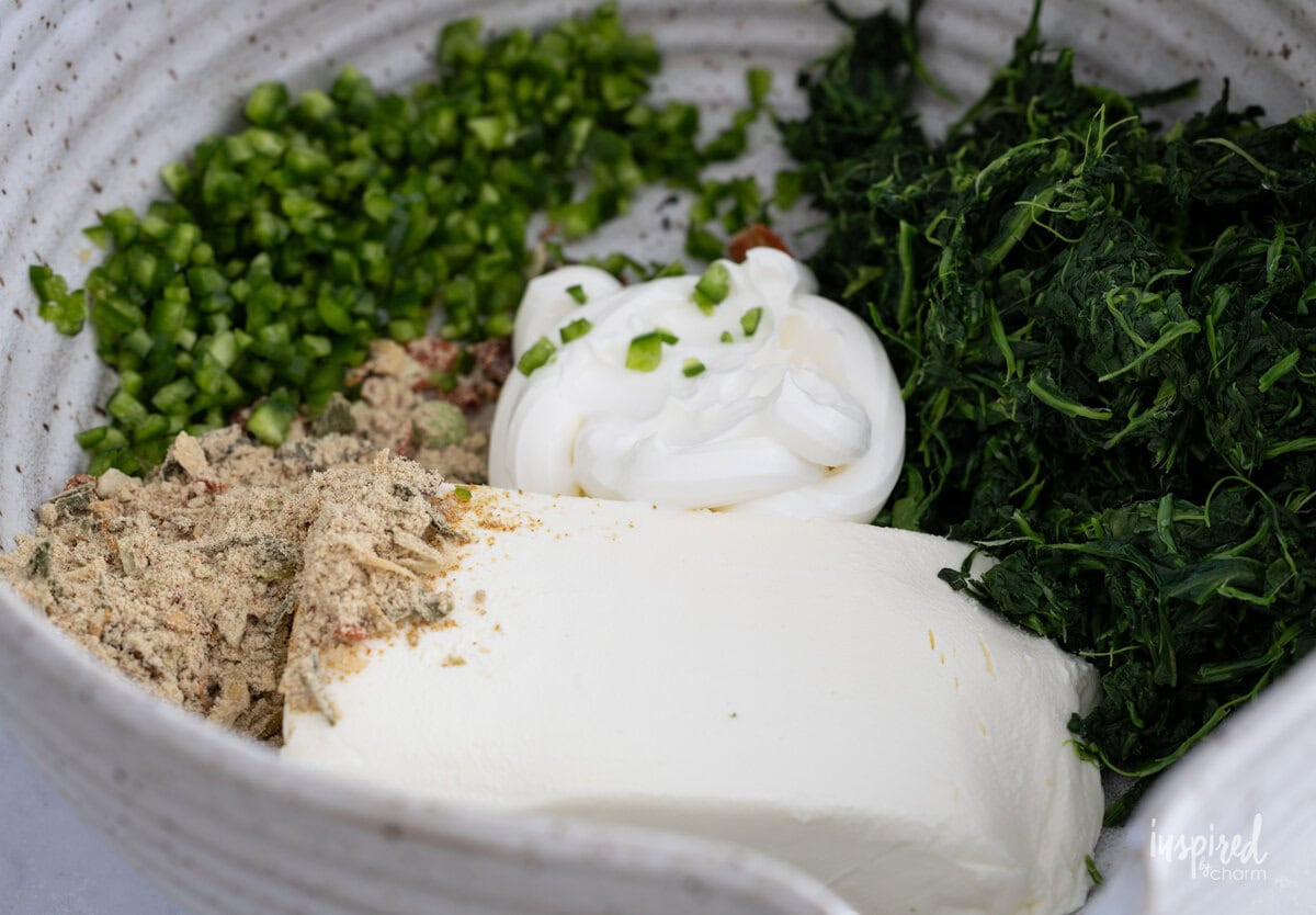 ingredients for Spinach Dip Roll-Ups in a bowl.