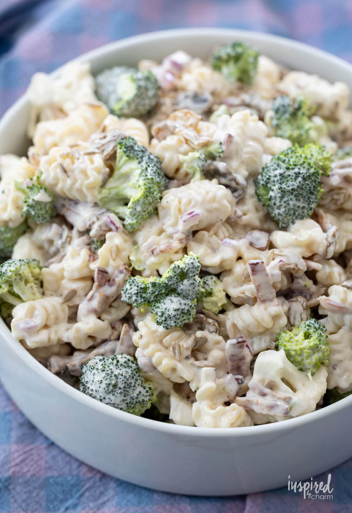broccoli pasta salad in a bowl.