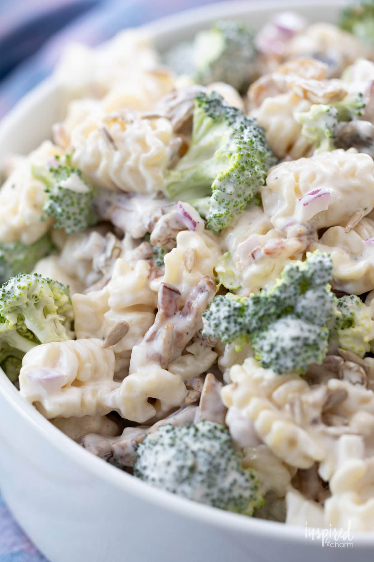 large dish filled with Broccoli Pasta Salad.