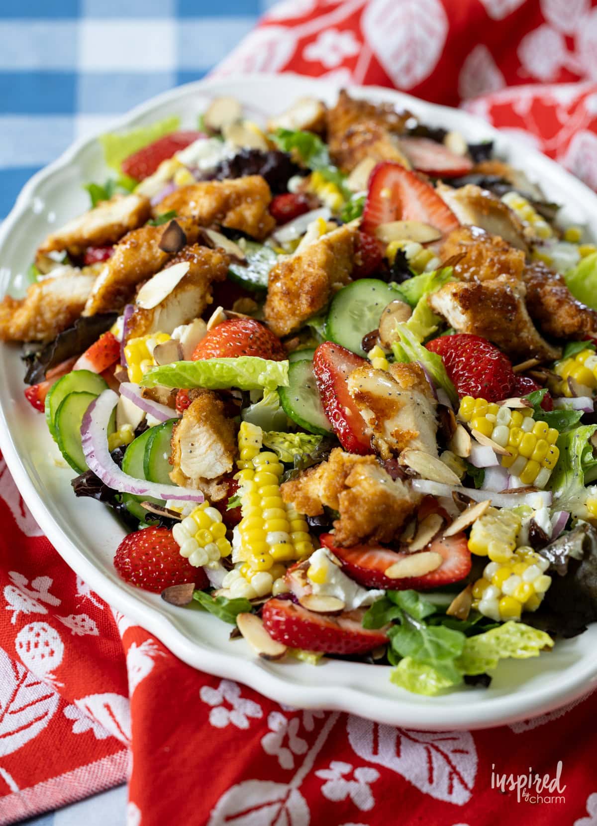 Crispy Chicken Strawberry Corn Salad on a large platter.
