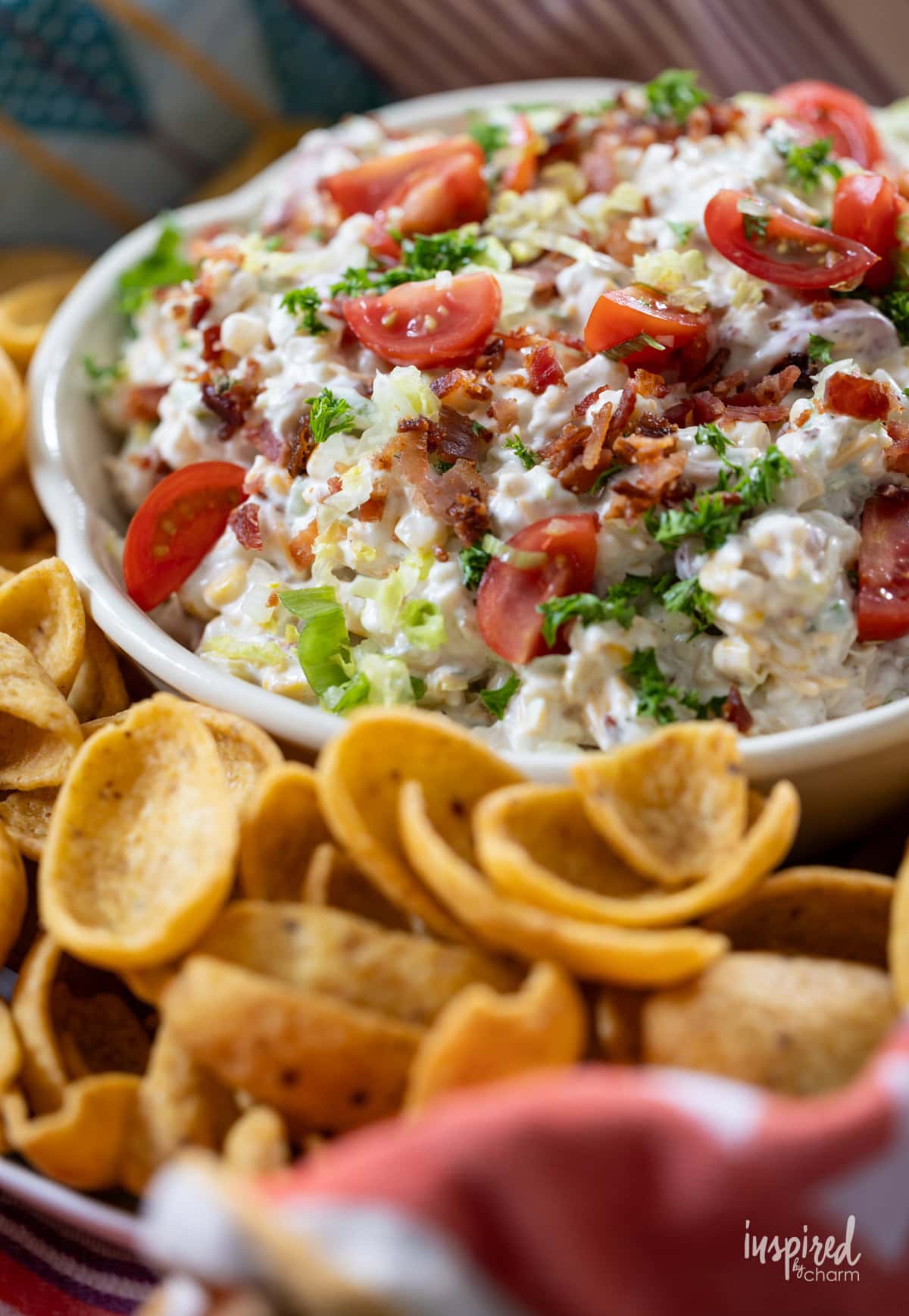 BLT Corn Dip served in a bowl.