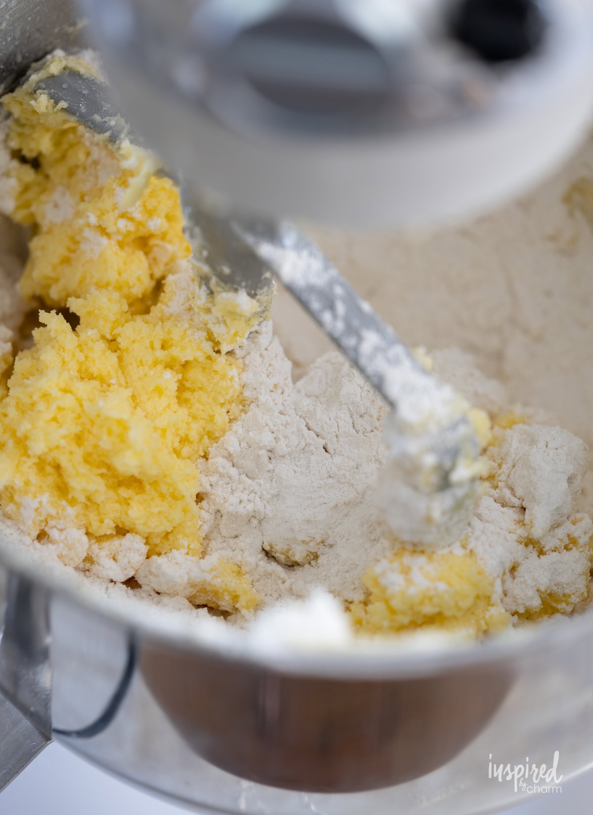 sugar cookie dough in mixing bowl. 