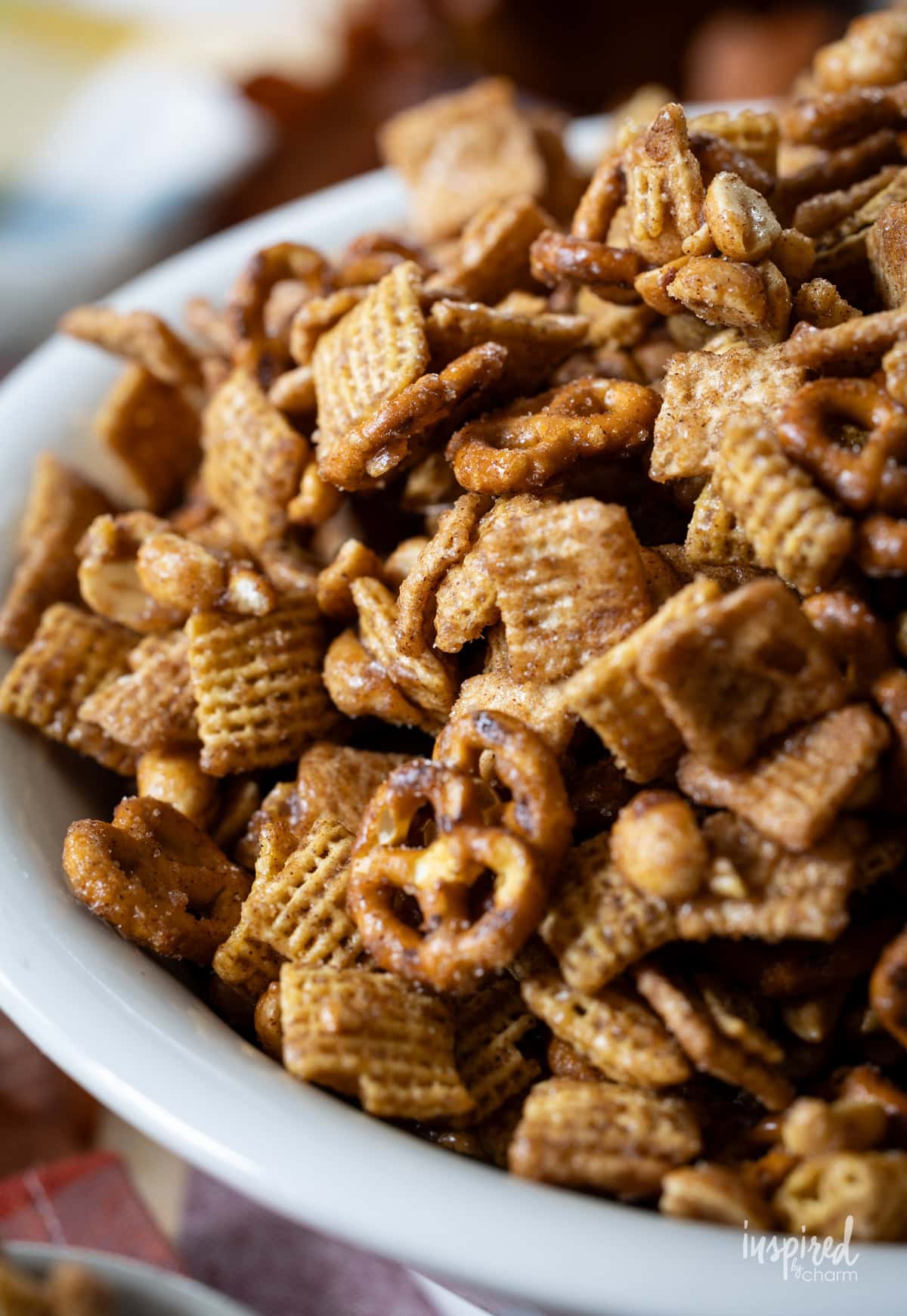 big bowl filled with Cinnamon Toast Pretzel Snack Mix.