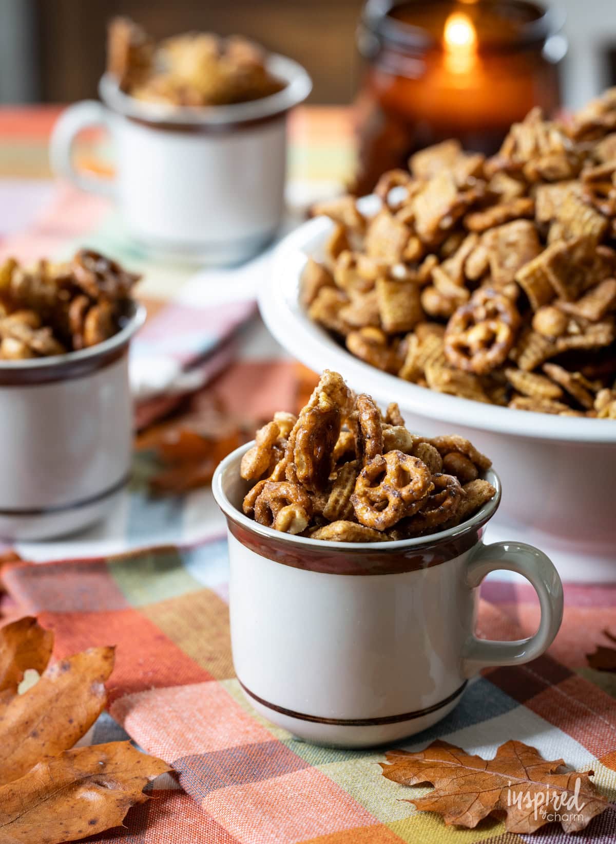 Cinnamon Toast Pretzel Snack Mix in a bowl and served in mug.