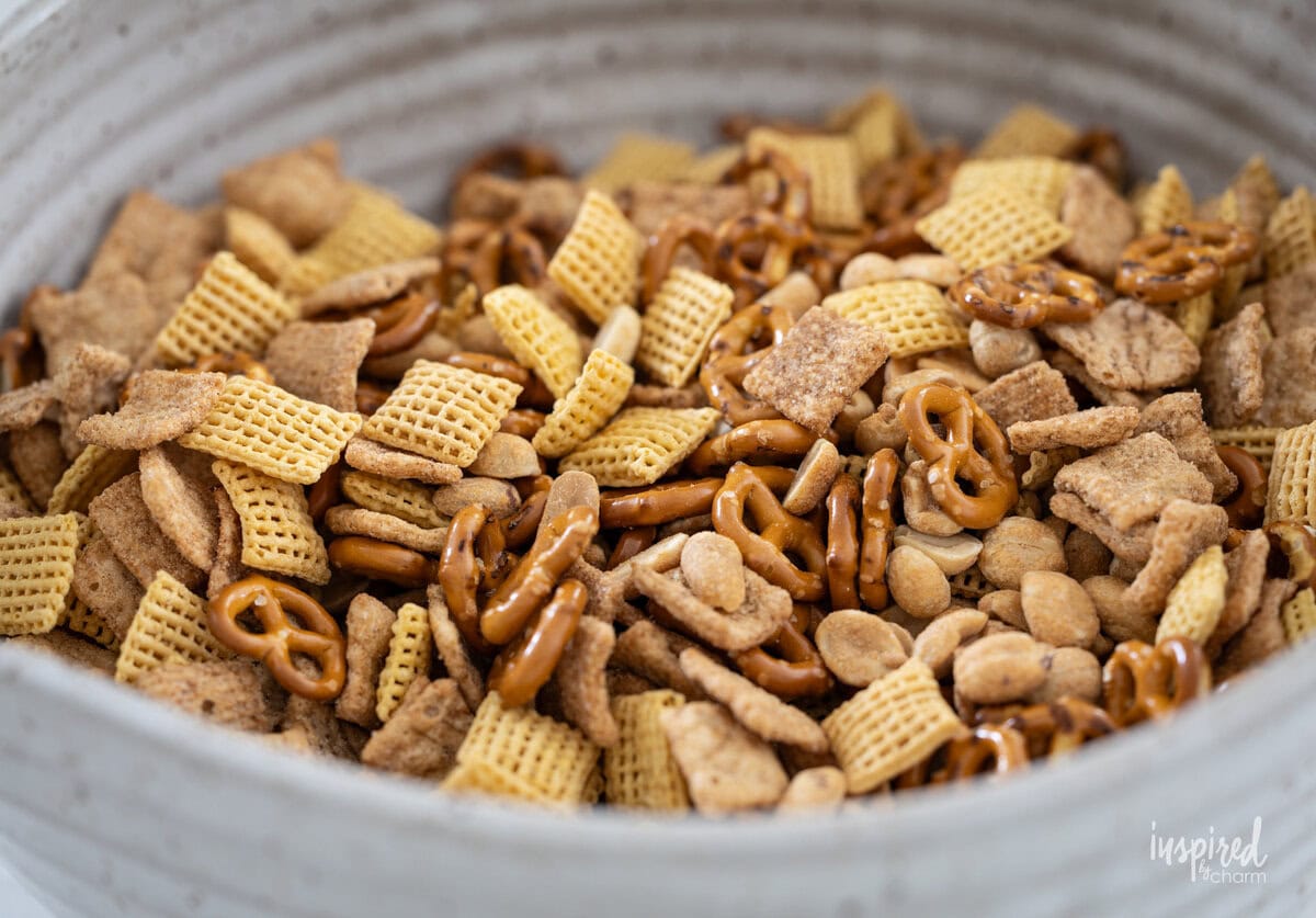 snack mix ingredients in a bowl. 