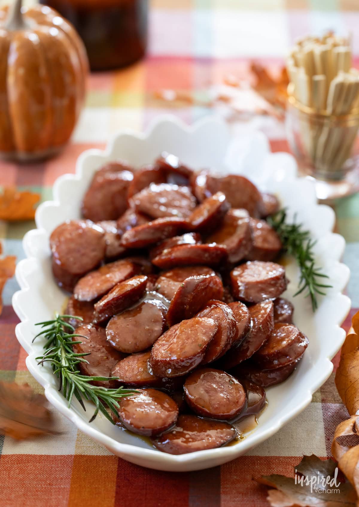 plate filled with maple dijon sausage bites.