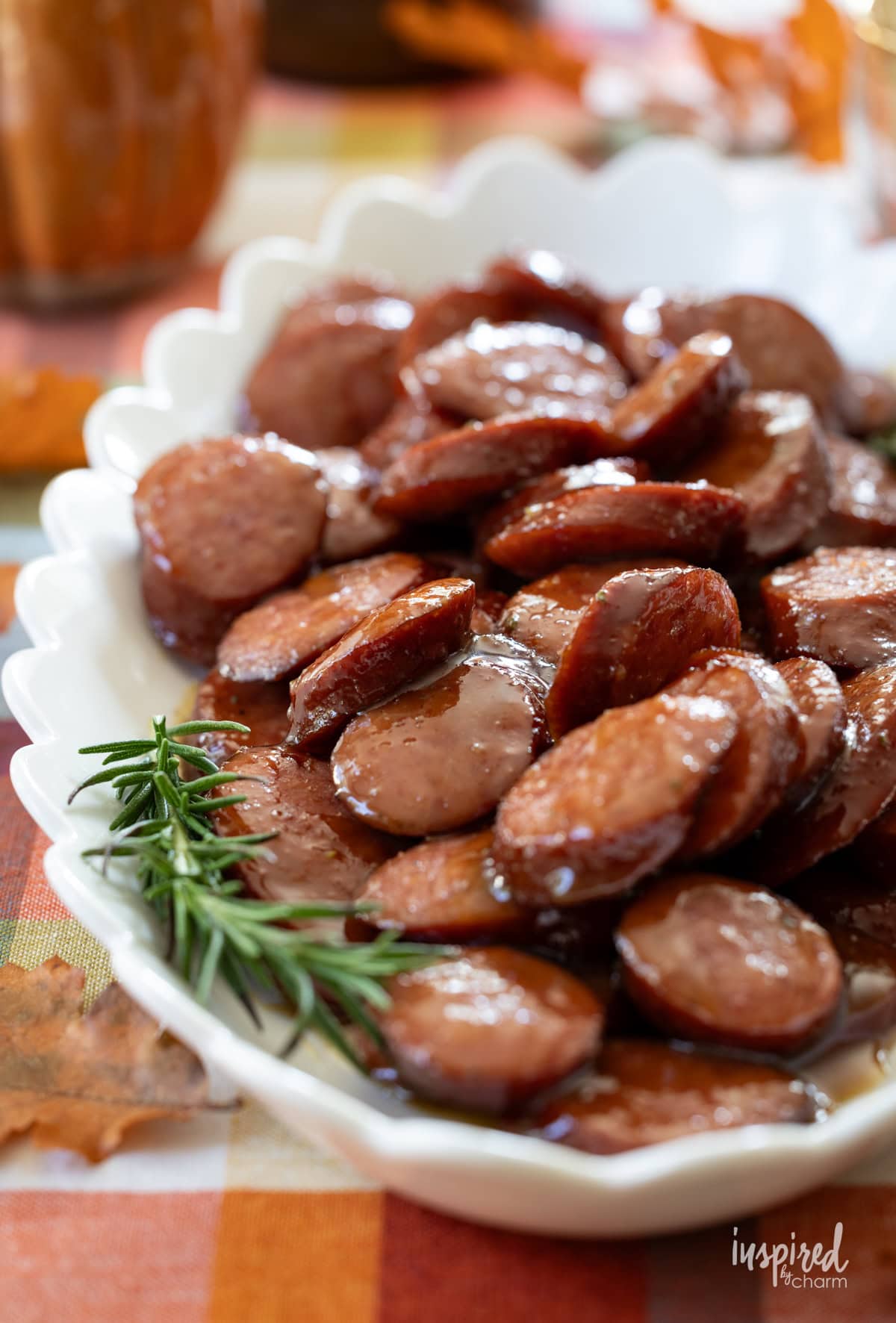 dish filled with maple dijon sausage bites.