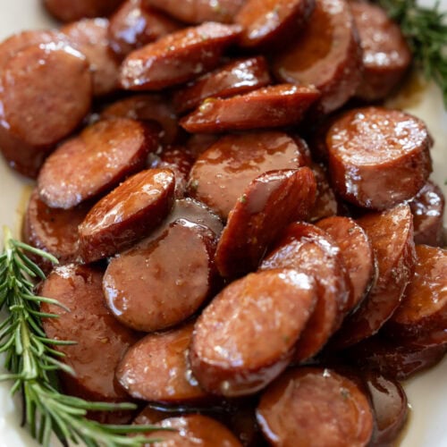 maple dijon sausage bites on a platter.
