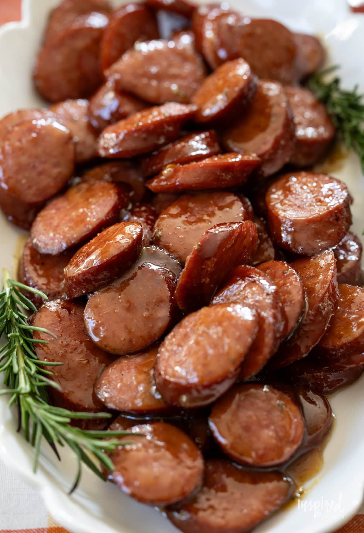 maple dijon sausage bites on a platter. 