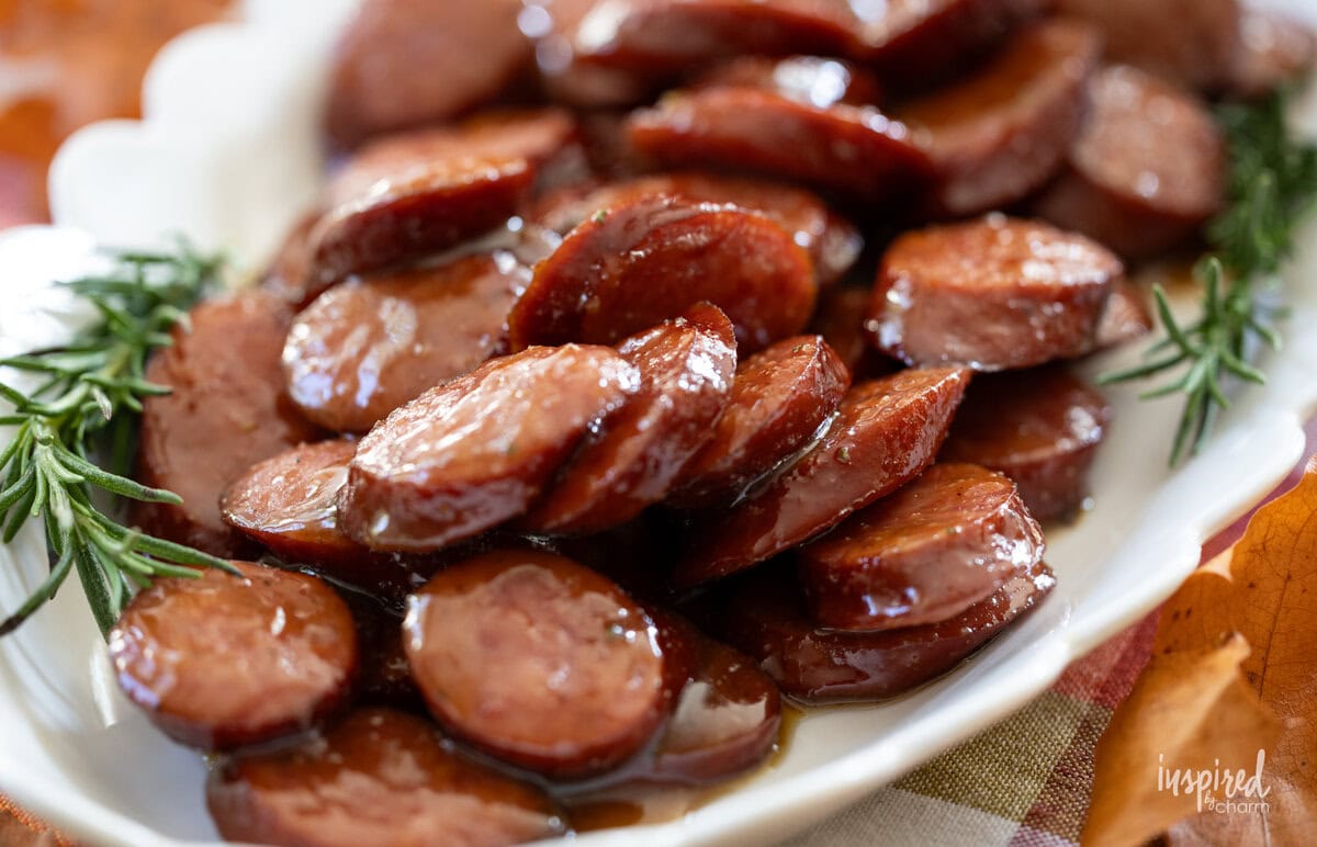 white platter filled with maple dijon sausage bites.
