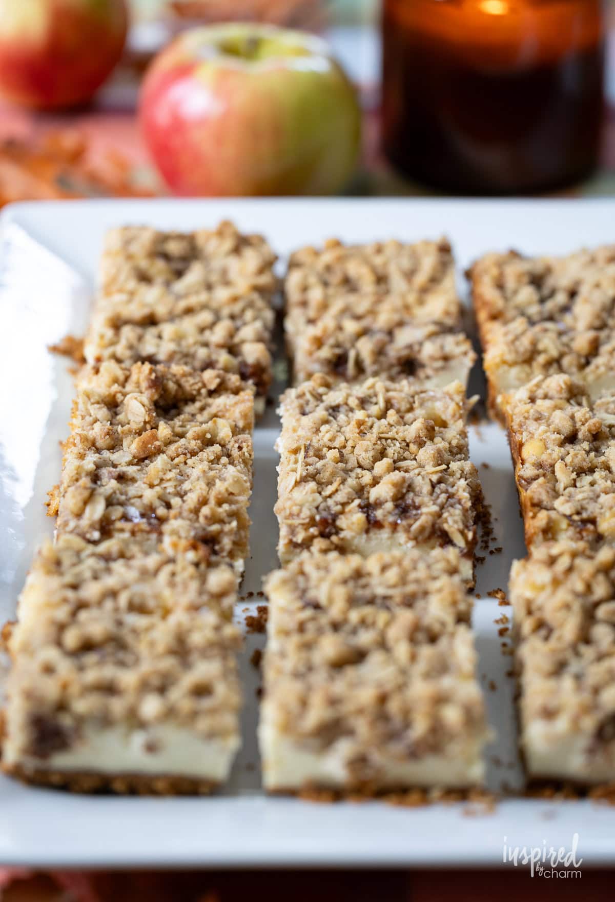 Apple Butter Cheesecake Bars arranged on a platter.